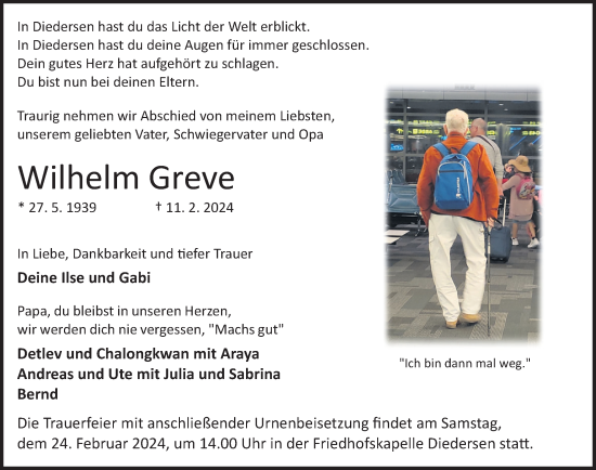 Traueranzeige von Wilhelm Greve von Deister- und Weserzeitung