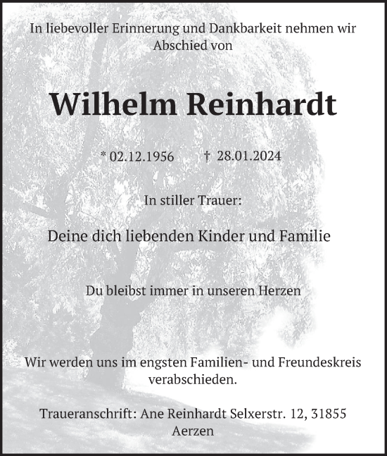 Traueranzeige von Wilhelm Reinhardt von Deister- und Weserzeitung
