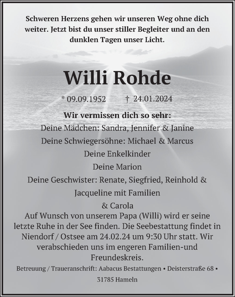 Traueranzeige für Willi Rohde vom 03.02.2024 aus Deister- und Weserzeitung