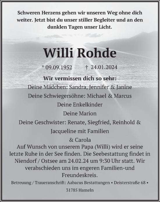 Traueranzeige von Willi Rohde von Deister- und Weserzeitung