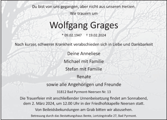 Traueranzeige von Wolfgang Grages von Deister- und Weserzeitung