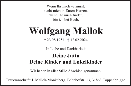 Traueranzeige von Wolfgang Mallok von Deister- und Weserzeitung