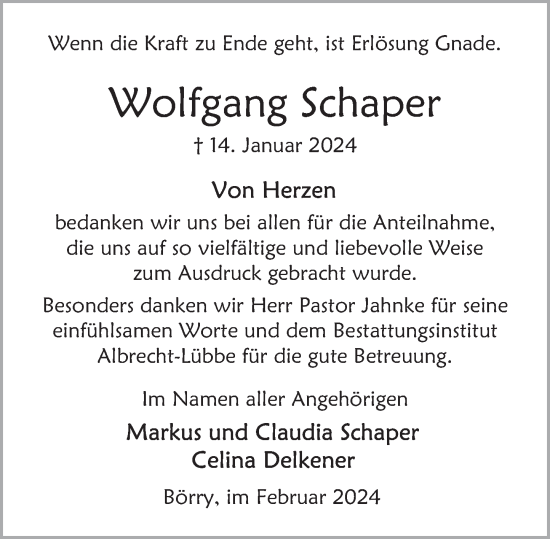 Traueranzeige von Wolfgang Schaper von Deister- und Weserzeitung