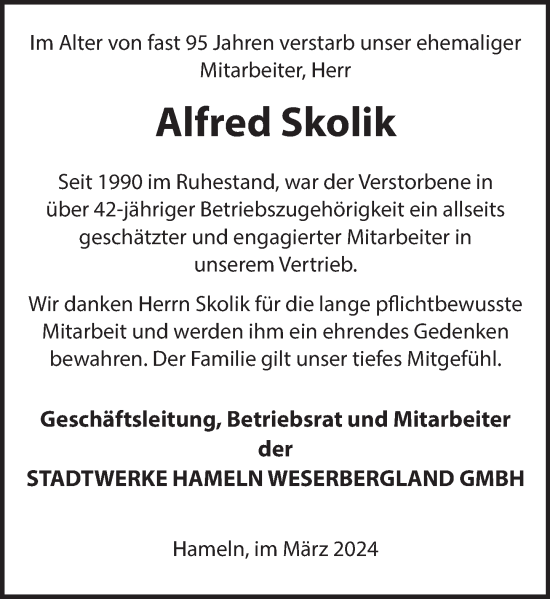 Traueranzeige von Alfred Skolik von Deister- und Weserzeitung
