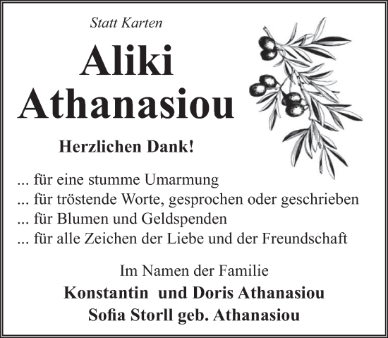Traueranzeige von Aliki Athanasiou von Neue Deister-Zeitung