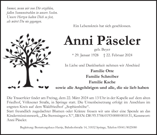 Traueranzeige von Anni Päseler von Neue Deister-Zeitung