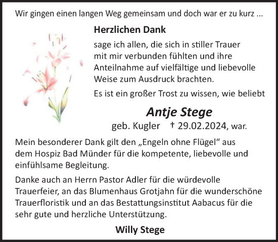 Traueranzeige von Antje Stege von Neue Deister-Zeitung