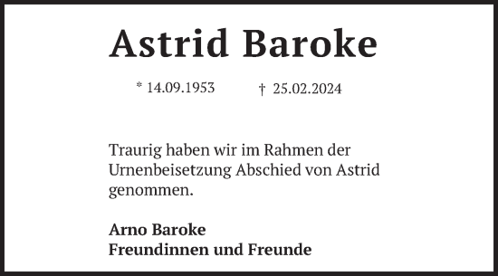 Traueranzeige von Astrid Baroke von Neue Deister-Zeitung