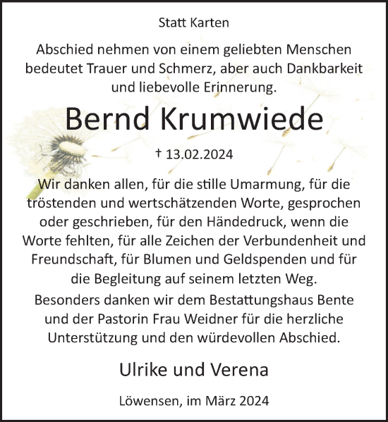 Traueranzeige von Bernd Krumwiede von Deister- und Weserzeitung