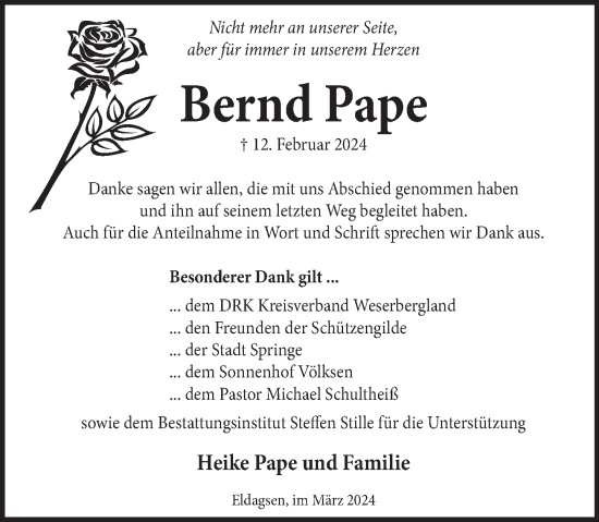 Traueranzeige von Bernd Pape von Neue Deister-Zeitung