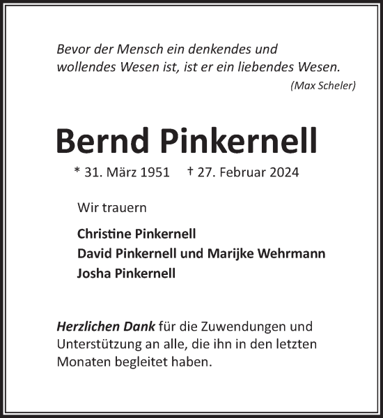 Traueranzeige von Bernd Pinkernell von Neue Deister-Zeitung