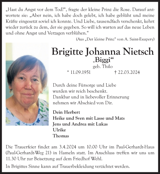 Traueranzeige von Brigitte Nietsch von Deister- und Weserzeitung