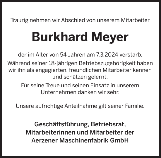 Traueranzeige von Burkhard Meyer von Deister- und Weserzeitung