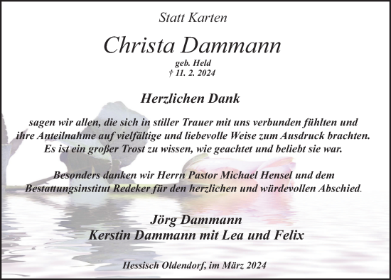 Traueranzeige von Christa Dammann von Deister- und Weserzeitung