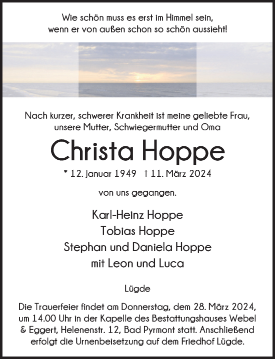 Traueranzeige von Christa Hoppe von Deister- und Weserzeitung