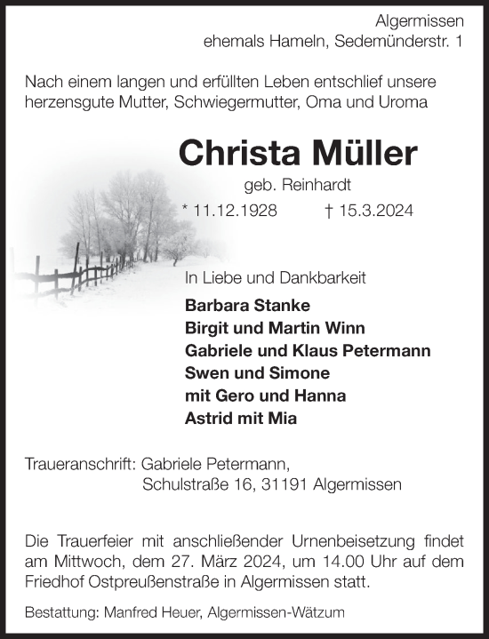 Traueranzeige von Christa Müller von Deister- und Weserzeitung