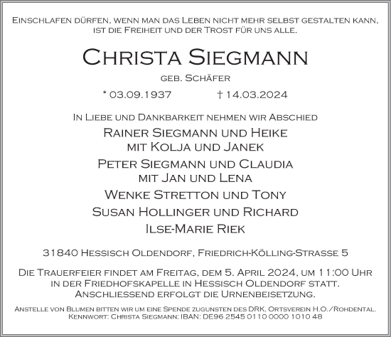Traueranzeige von Christa Siegmann von Deister- und Weserzeitung