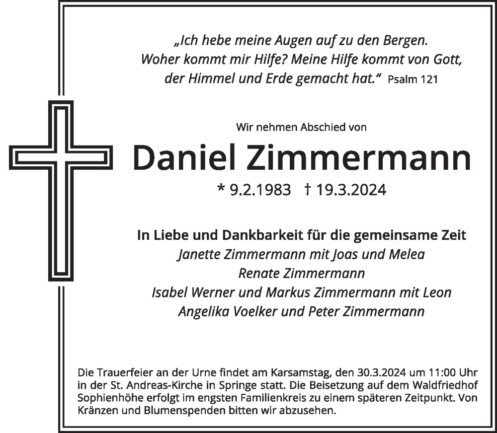  Traueranzeige für Daniel Zimmermann vom 23.03.2024 aus Neue Deister-Zeitung