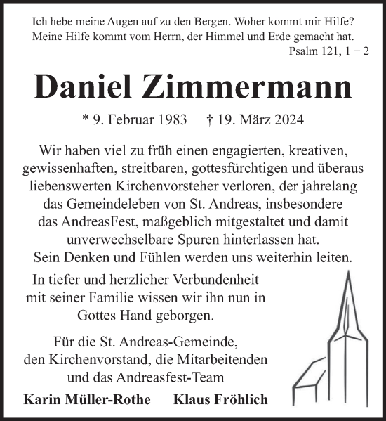 Traueranzeige von Daniel Zimmermann von Neue Deister-Zeitung
