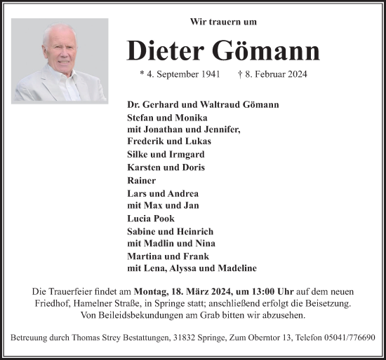 Traueranzeige von Dieter Gömann von Deister- und Weserzeitung