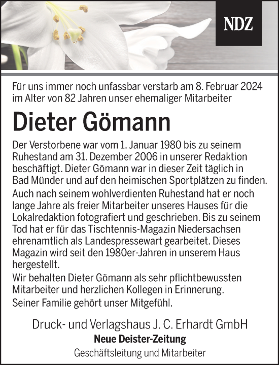 Traueranzeige von Dieter Gömann von Neue Deister-Zeitung