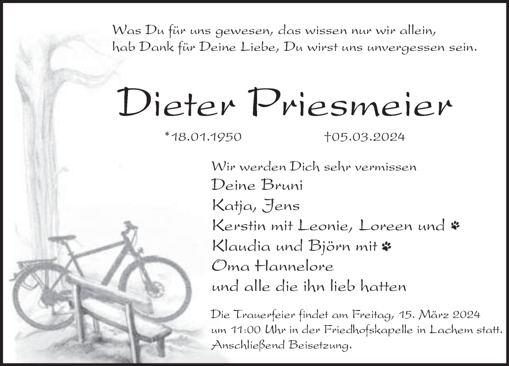  Traueranzeige für Dieter Priesmeier vom 11.03.2024 aus Deister- und Weserzeitung
