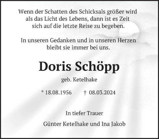 Traueranzeige von Doris Schöpp von Deister- und Weserzeitung