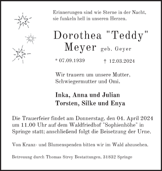 Traueranzeige von Dorothea Meyer von Neue Deister-Zeitung