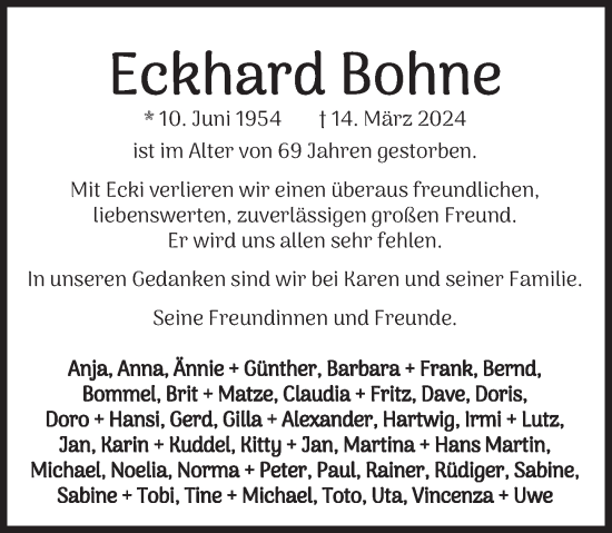 Traueranzeige von Eckhard Bohne von Deister- und Weserzeitung