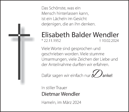 Traueranzeige von Elisabeth Balder Wendler von Deister- und Weserzeitung