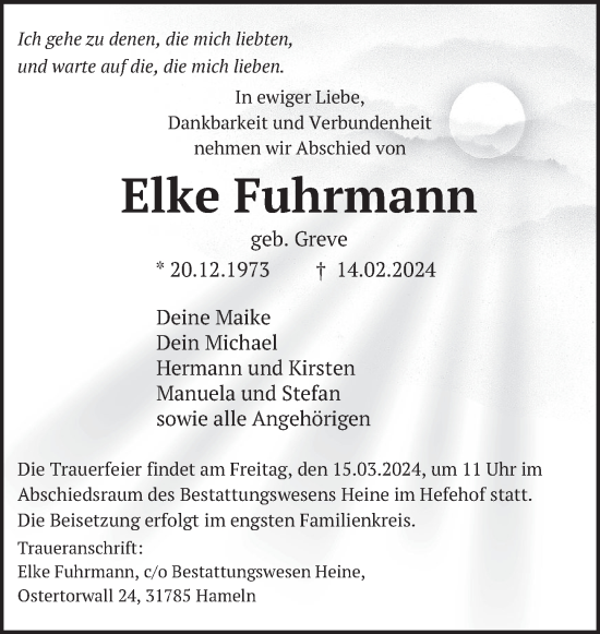 Traueranzeige von Elke Fuhrmann von Deister- und Weserzeitung