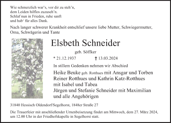 Traueranzeige von Elsbeth Schneider von Deister- und Weserzeitung