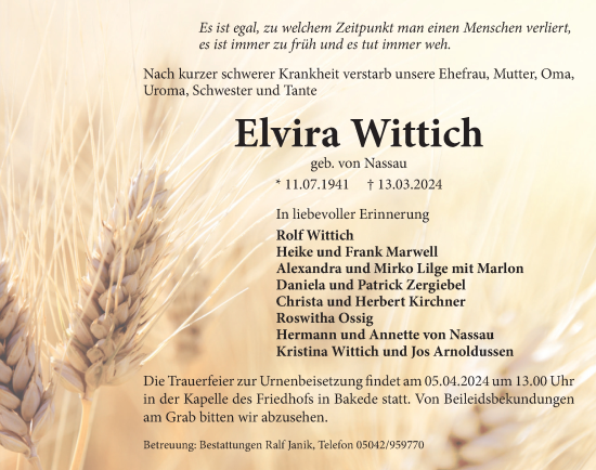 Traueranzeige von Elvira Wittich von Neue Deister-Zeitung