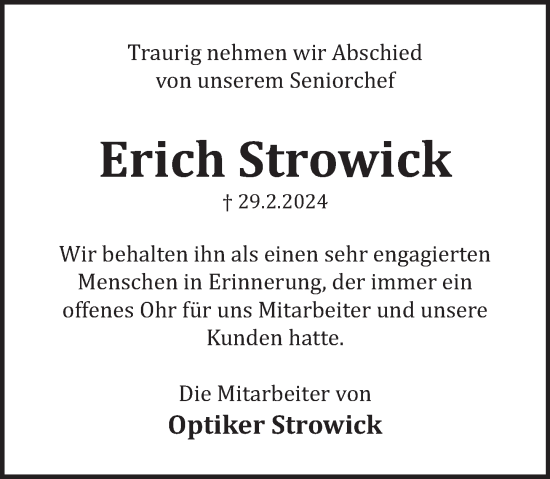Traueranzeige von Erich Strowick von Deister- und Weserzeitung