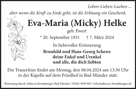 Traueranzeige von Eva-Maria Helke von Neue Deister-Zeitung