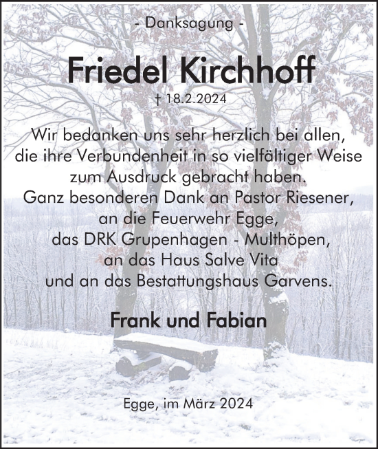 Traueranzeige von Friedel Kirchhoff von Deister- und Weserzeitung