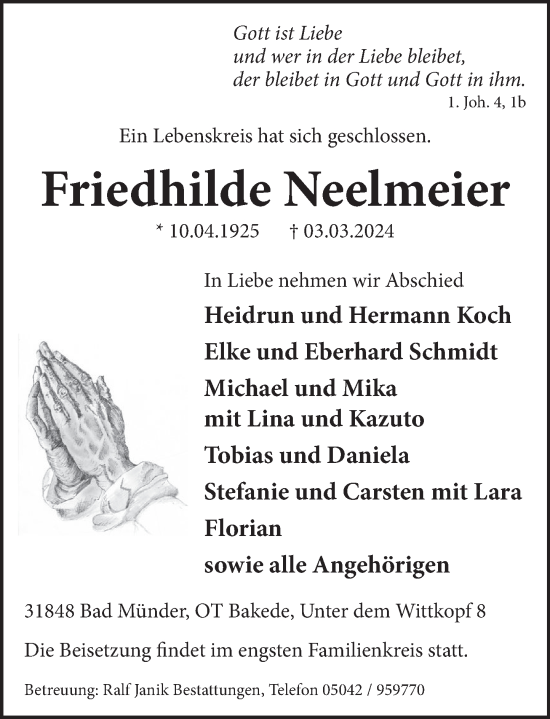 Traueranzeige von Friedhilde Neelmeier von Neue Deister-Zeitung