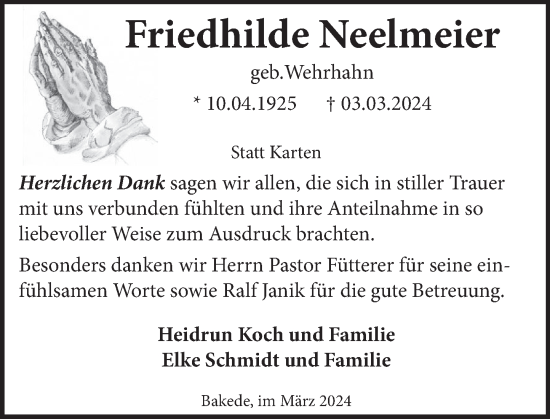 Traueranzeige von Friedhilde Neelmeier von Neue Deister-Zeitung