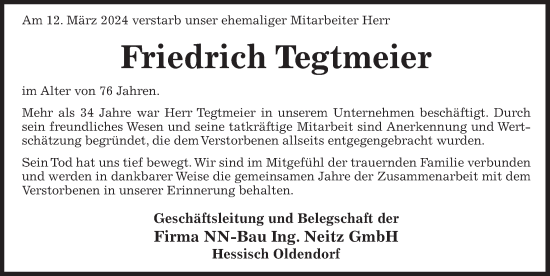 Traueranzeige von Friedrich Tegtmeier von Deister- und Weserzeitung