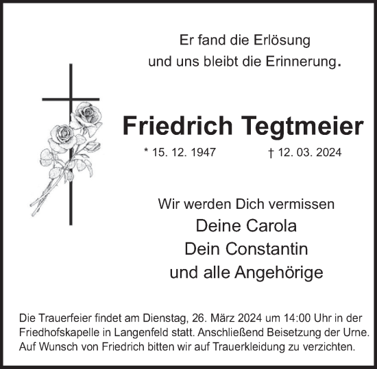 Traueranzeige von Friedrich Tegtmeier von Deister- und Weserzeitung