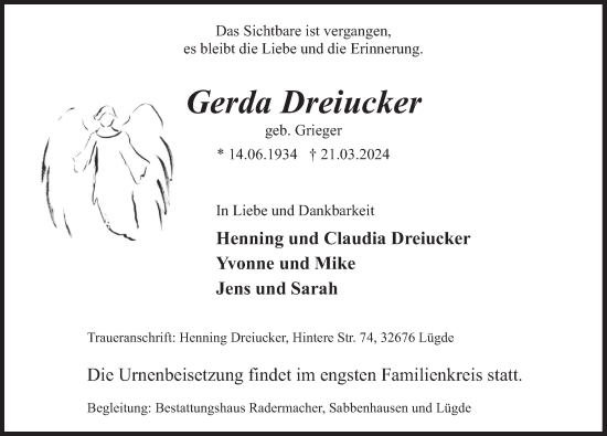 Traueranzeige von Gerda Dreiucker von Deister- und Weserzeitung
