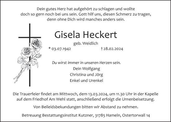 Traueranzeige von Gisela Heckert von Deister- und Weserzeitung