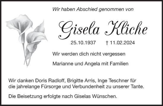 Traueranzeige von Gisela Kliche von Deister- und Weserzeitung