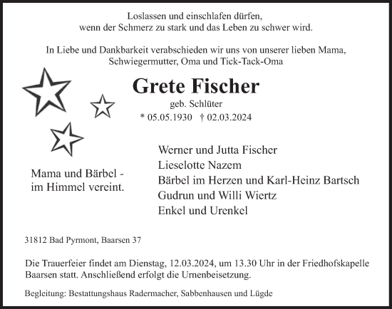 Traueranzeige von Grete Fischer von Deister- und Weserzeitung