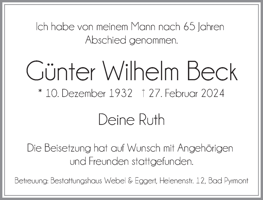  Traueranzeige für Günter Wilhelm Beck vom 23.03.2024 aus Deister- und Weserzeitung