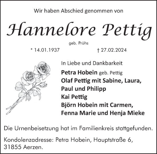 Traueranzeige von Hannelore Pettig von Deister- und Weserzeitung