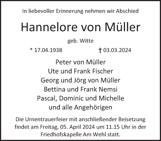 Traueranzeige von Hannelore  von Müller von Deister- und Weserzeitung