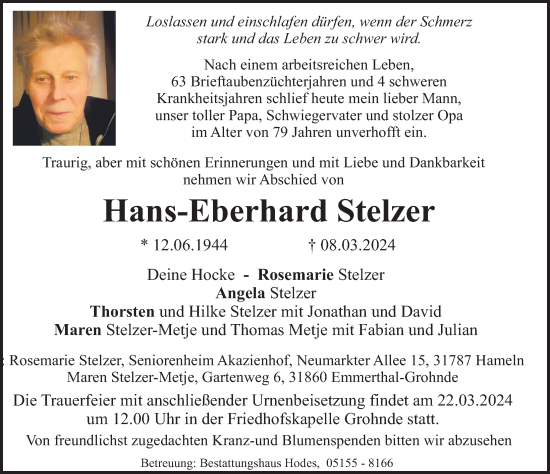 Traueranzeige von Hans-Eberhard Stelzer von Deister- und Weserzeitung