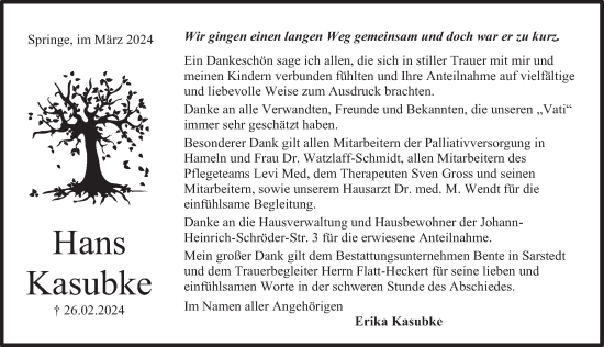 Traueranzeige von Hans Kasubke von Neue Deister-Zeitung