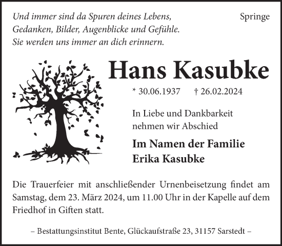 Traueranzeige von Hans Kasubke von Neue Deister-Zeitung